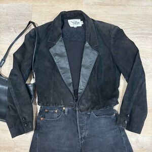 Vintage Vakko Suede Cropped Jacket Blazer with Leather Lapels Grunge 90s